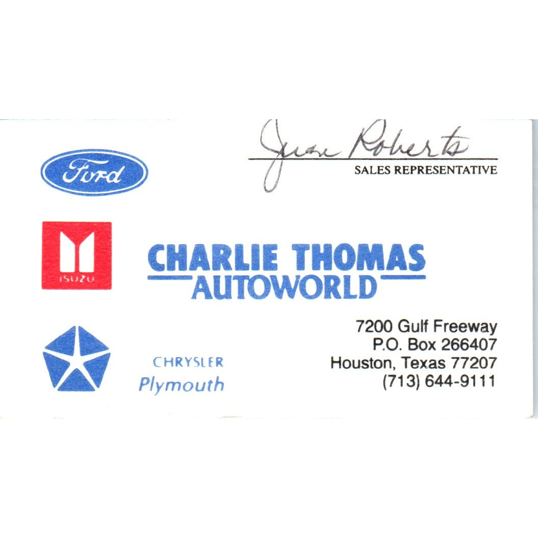 Charlie Thomas Auto World Juan Roberts Houston Vintage Business Card SD8-B18