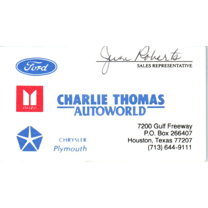 Charlie Thomas Auto World Juan Roberts Houston Vintage Business Card SD8-B18