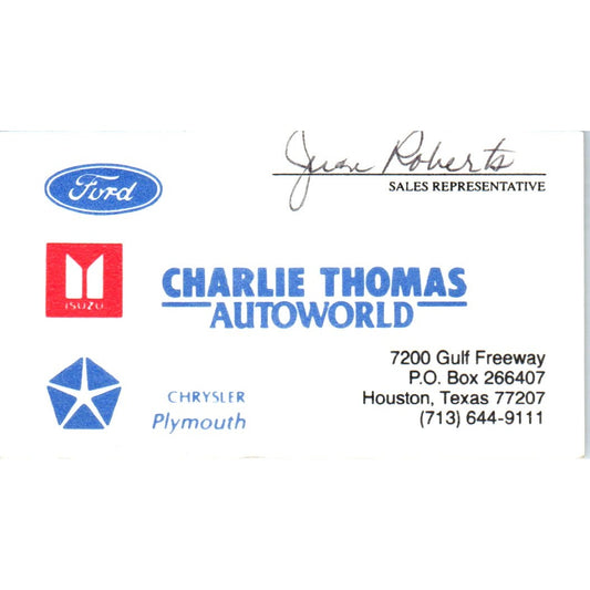 Charlie Thomas Auto World Juan Roberts Houston Vintage Business Card SD8-B18