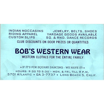 Bob Johnston Western Wear Square Dance Caller Long Beach Business Card SD9-B11