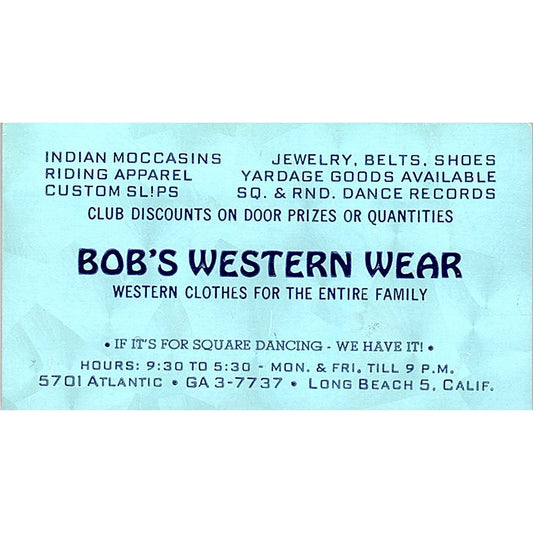 Bob Johnston Western Wear Square Dance Caller Long Beach Business Card SD9-B11