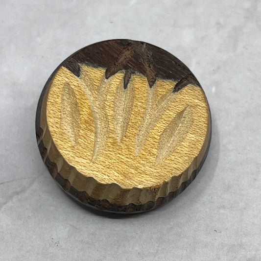 Vintage 2 Tone Carved Wood Black and Tan Button 1" SE2