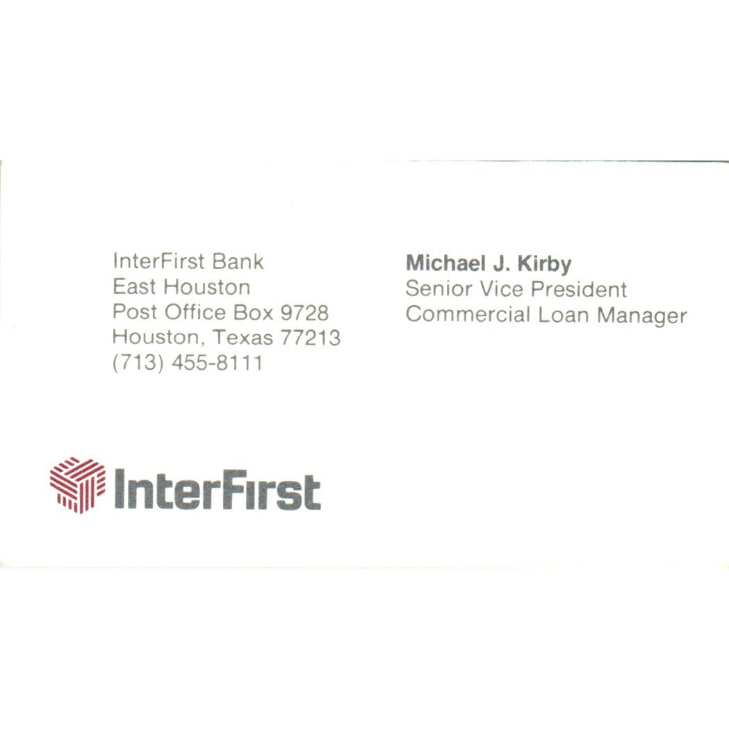 Michael J. Kirby InterFirst Bank Houston TX Vintage Business Card SE3-B8