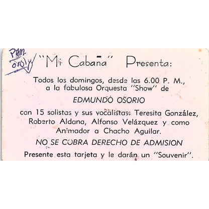 Mi Cabana Presents Edmundo Osorio Antonio Camarena Vintage Business Card TH2-B1