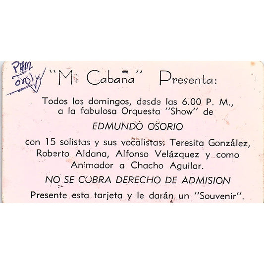 Mi Cabana Presents Edmundo Osorio Antonio Camarena Vintage Business Card TH2-B1