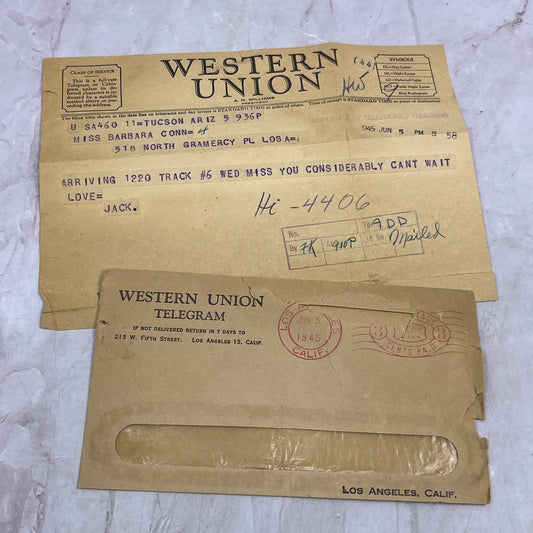 1945 Los Angeles CA Barbara Conn Tucson AZ Western Union Telegram TJ5-TB