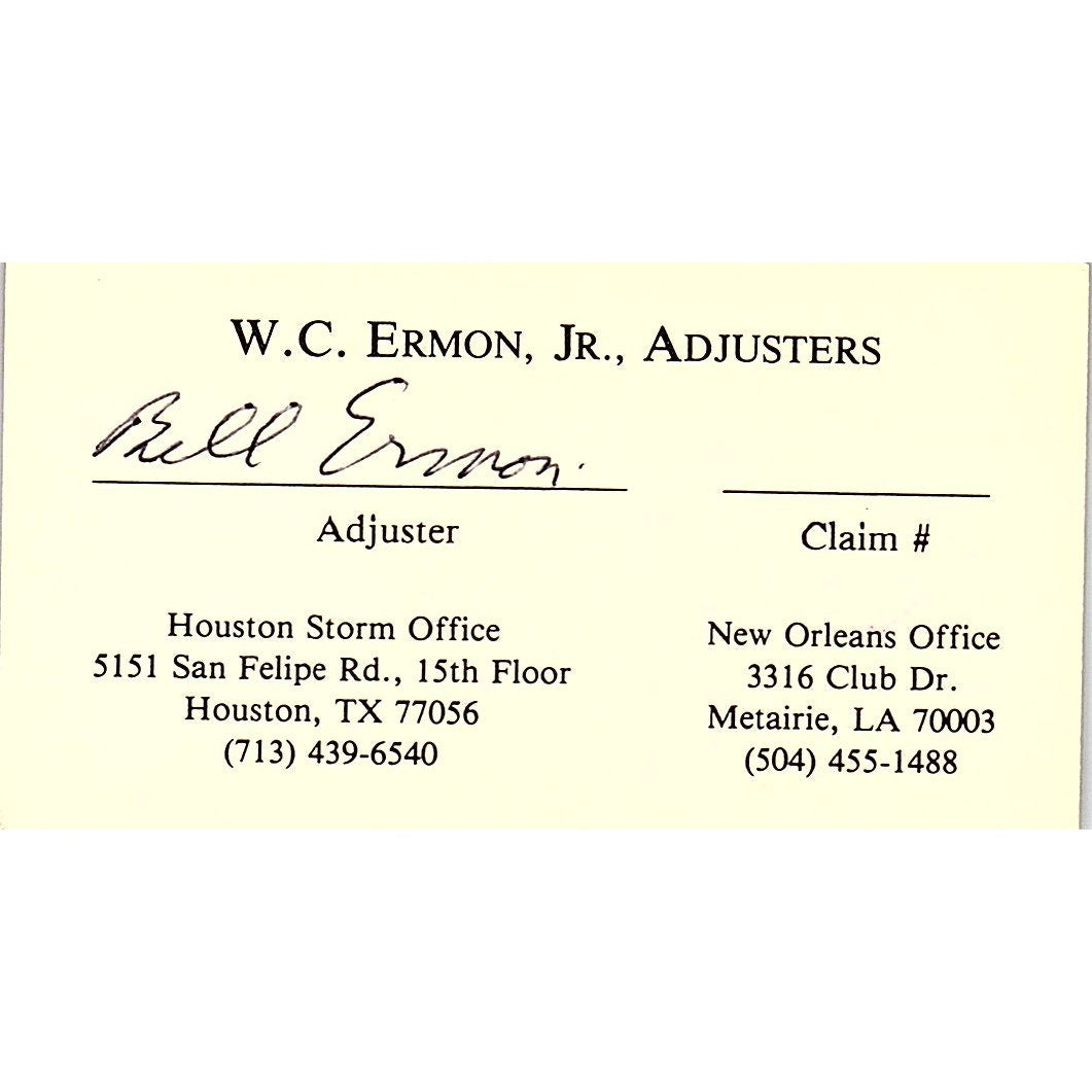 W.C. Ermon Jr Adjusters Houston Vintage Business Card SC9-B6