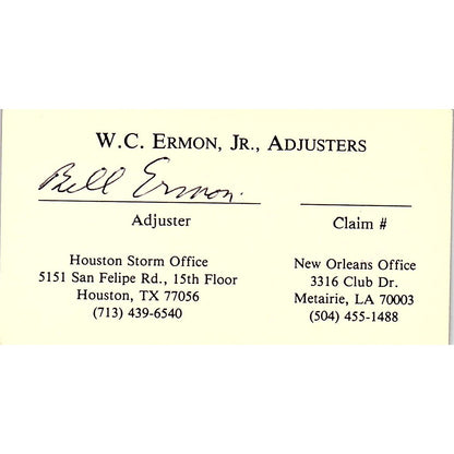W.C. Ermon Jr Adjusters Houston Vintage Business Card SC9-B6