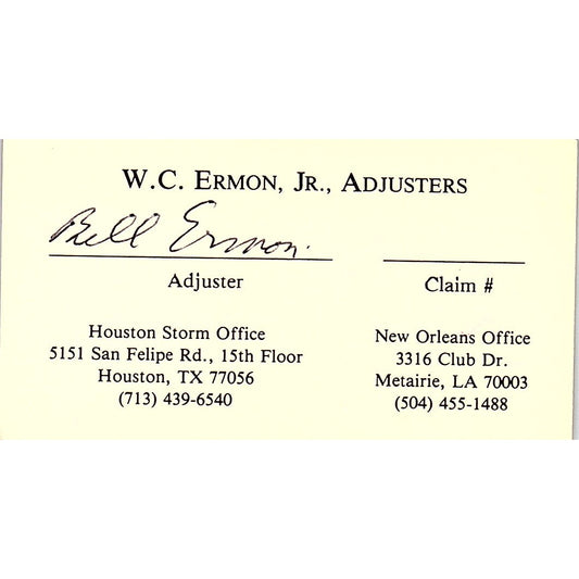 W.C. Ermon Jr Adjusters Houston Vintage Business Card SC9-B6
