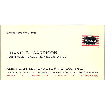 Duane B Garrison AMCO American Manufacturing Co Redmond WA Business Card SD9-B5