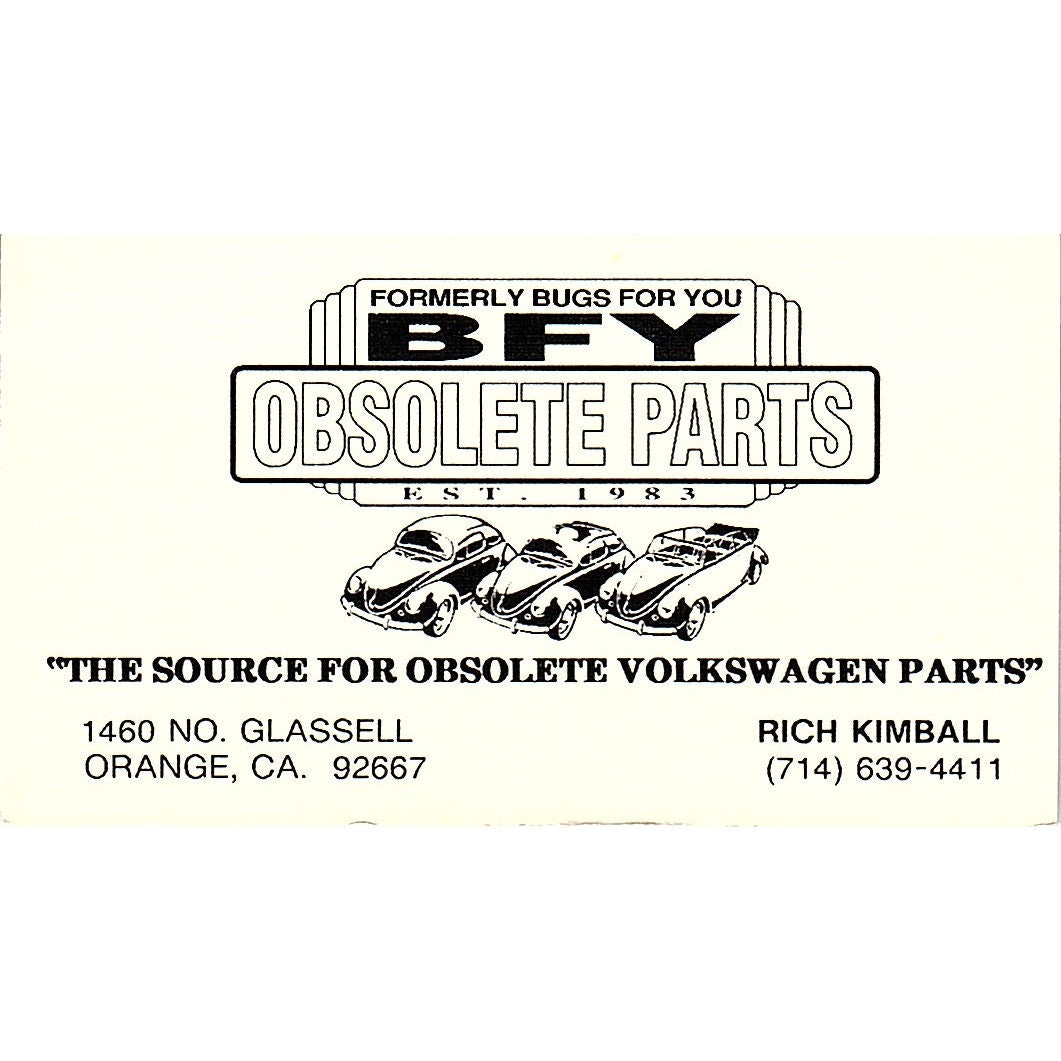 Rich Kimball BFY Obsolete Parts Volkswagen Orange CA Vtg Business Card SE3-B13
