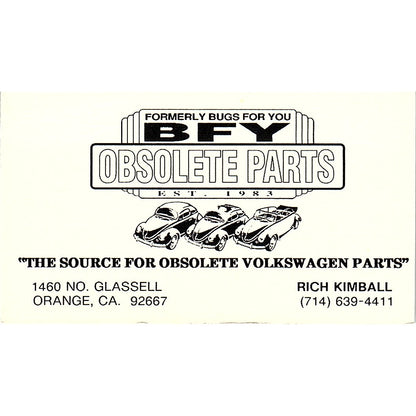 Rich Kimball BFY Obsolete Parts Volkswagen Orange CA Vtg Business Card SE3-B13