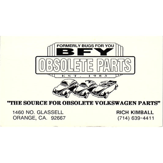 Rich Kimball BFY Obsolete Parts Volkswagen Orange CA Vtg Business Card SE3-B13
