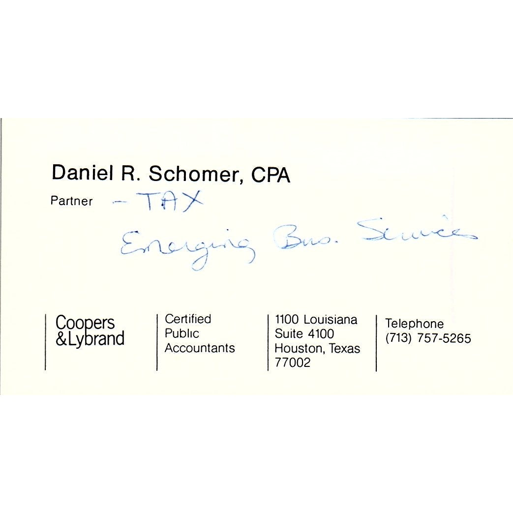 Daniel R Schomer Coopers & Lybrand CPA Houston Vintage Business Card SD9-B1