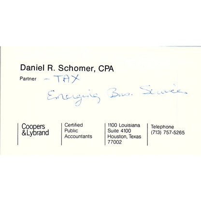 Daniel R Schomer Coopers & Lybrand CPA Houston Vintage Business Card SD9-B1