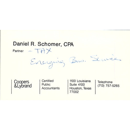 Daniel R Schomer Coopers & Lybrand CPA Houston Vintage Business Card SD9-B1