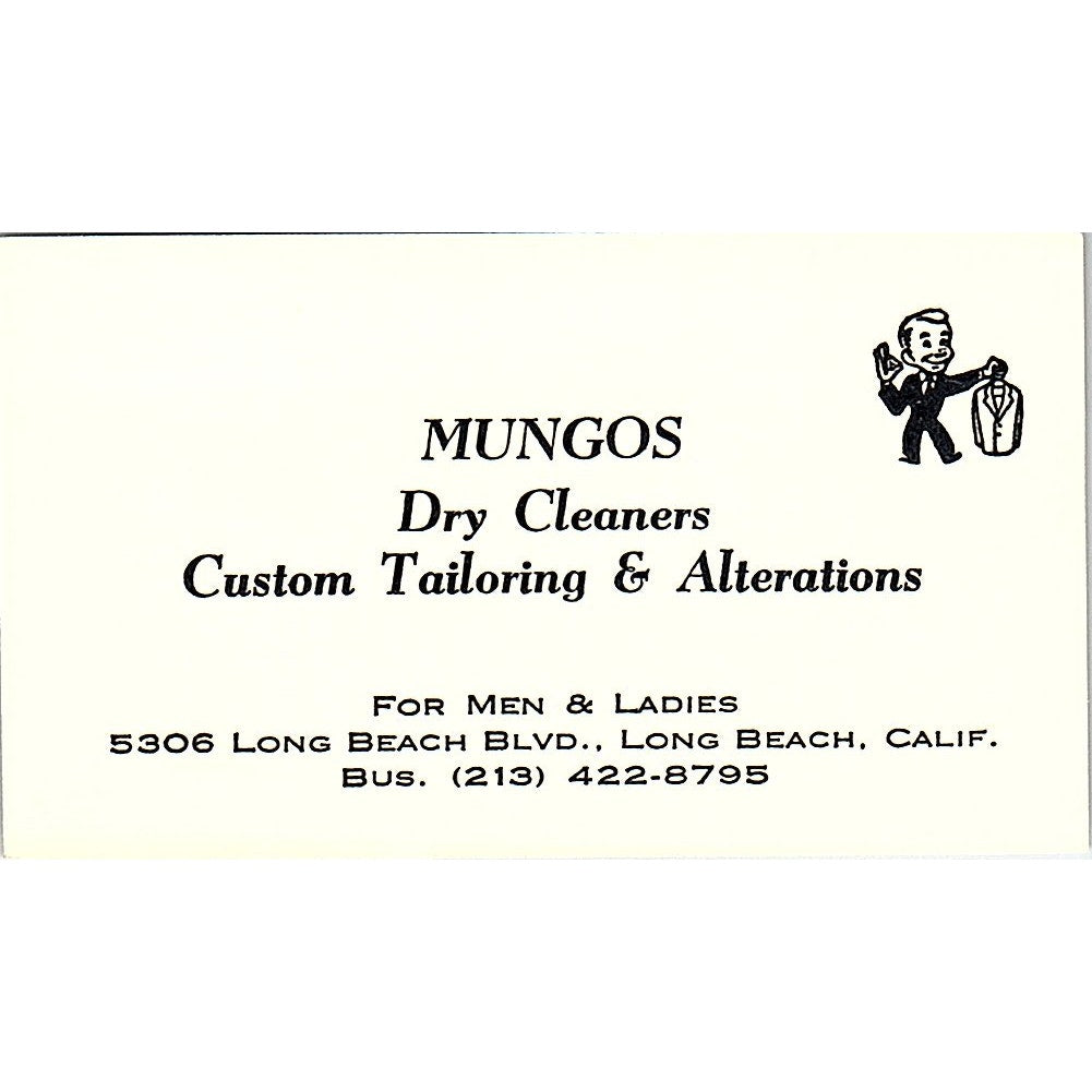 Mungos Dry Cleaners Custom Tailoring Long Beach CA Vintage Business Card SF3-B5