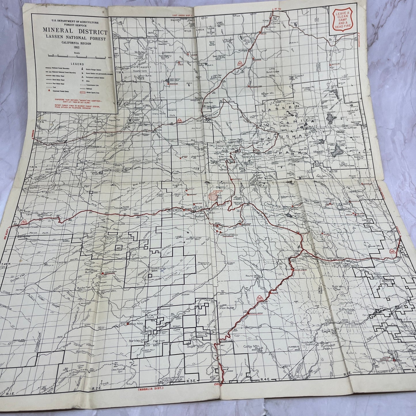 1952 USDA Mineral District Lassen National Forest California Fold Out Map AF7-E4