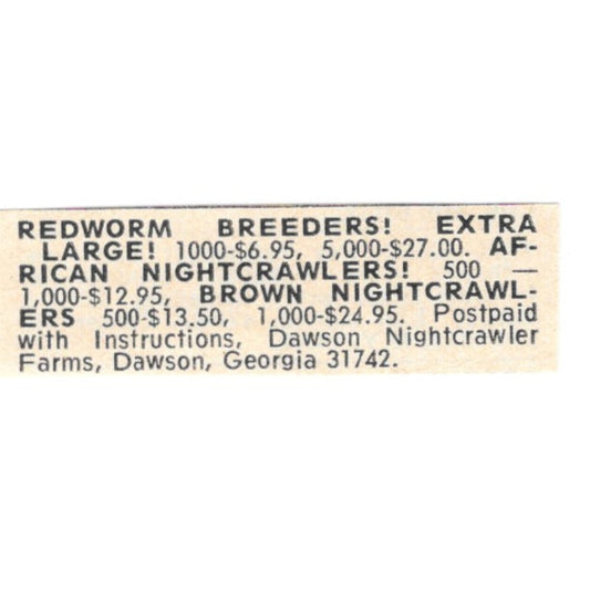Dawson Nightcrawler Farms Redworm Breeders Dawson GA 1977 Ad AF6-S8