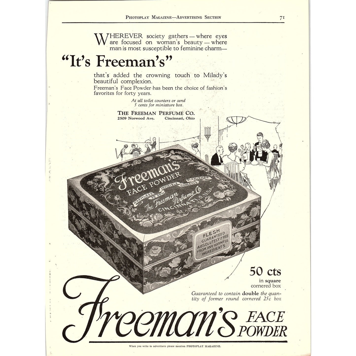 Antique Freeman Perfume Co Face Powder Cincinnati Original Magazine Ad 8x11 V4