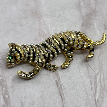 Vintage Black Enamel Seeded Pearls Tiger Animal Pin Brooch SF4