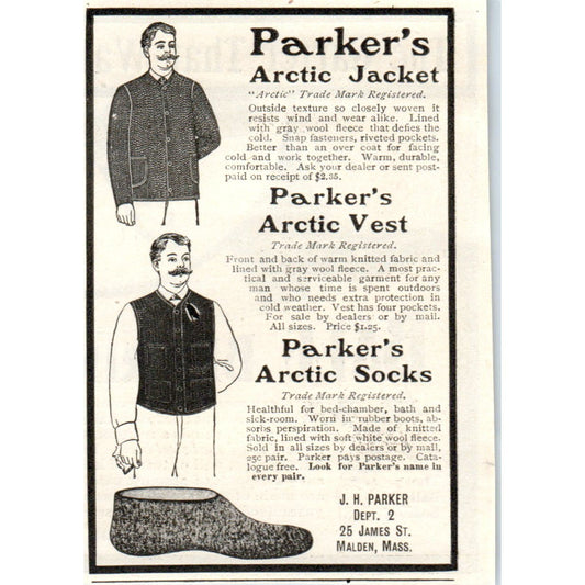 J.H. Parker's Arctic Jacket Vest Socks Malden MA c1905 Advertisement AE7-A1