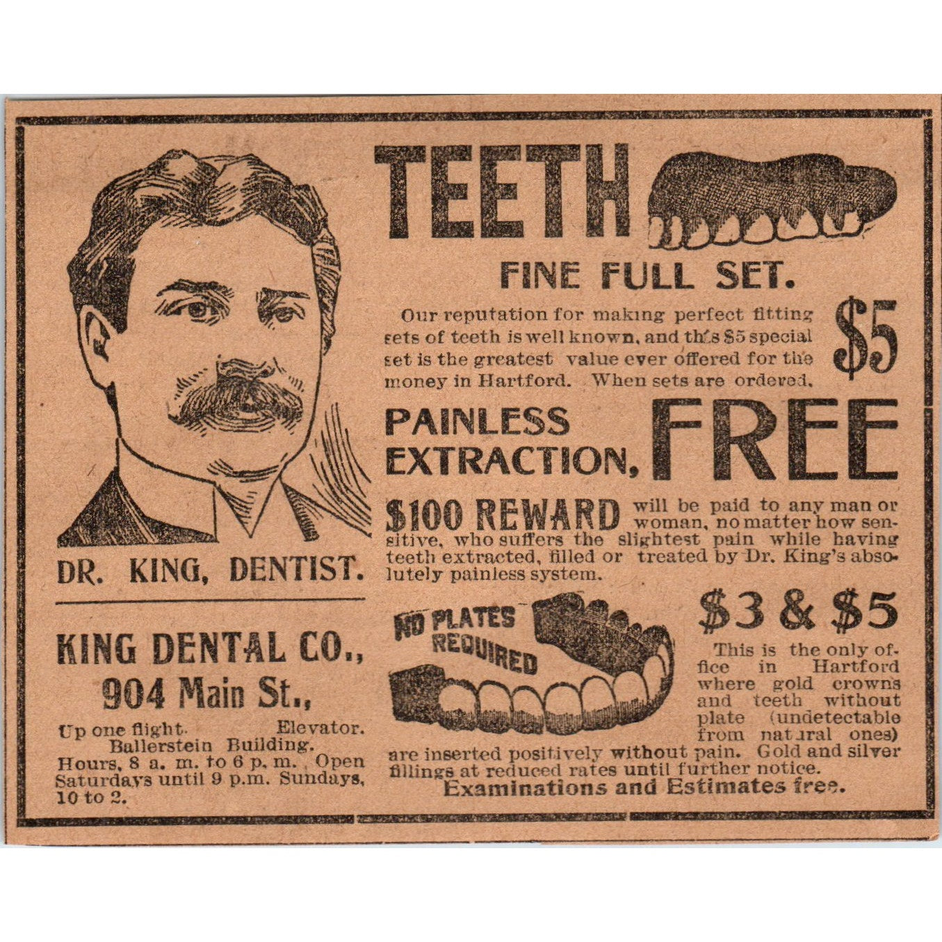 Dr. King Dental Co Dentures Extractions Hartford 1901 Newspaper Ad AD8-H2