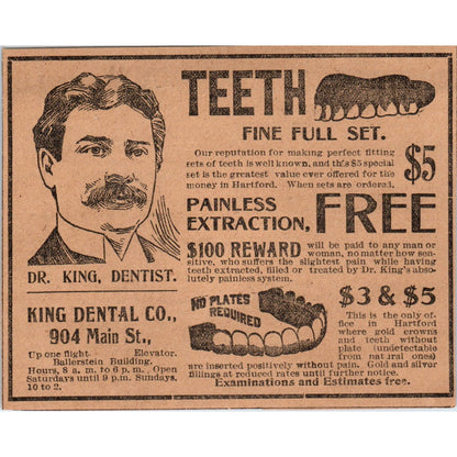 Dr. King Dental Co Dentures Extractions Hartford 1901 Newspaper Ad AD8-H2