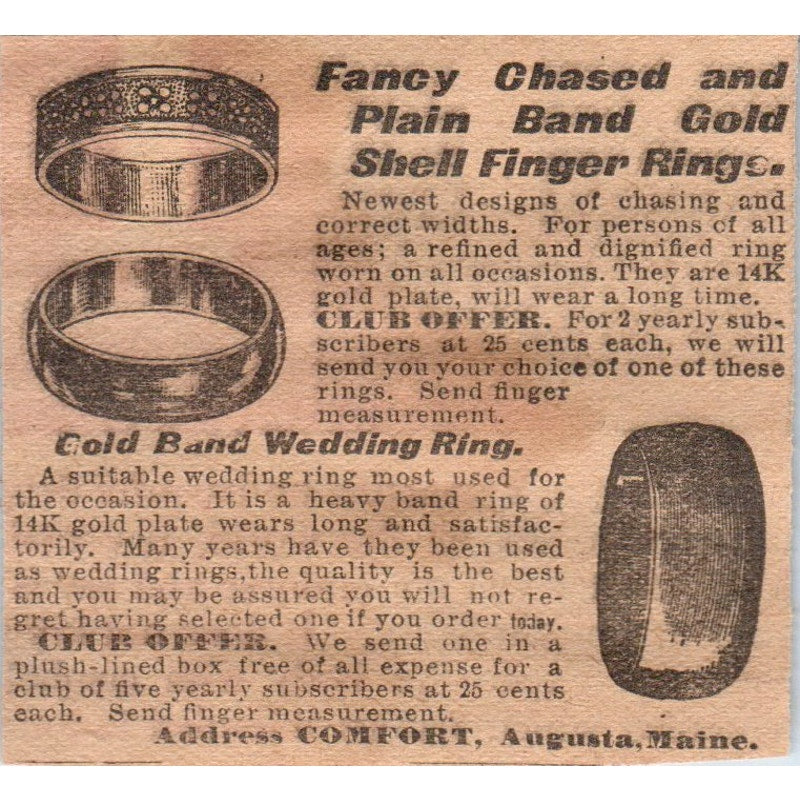 Fancy Chased and Plain Gold Ring Comfort Augusta Maine 1910 Magazine Ad AF1-CM2