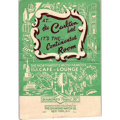 The Carlton Hotel Continental Room Rochester MN Vtg Large Matchbook Cover ML1-8