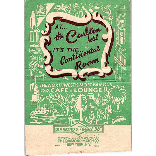 The Carlton Hotel Continental Room Rochester MN Vtg Large Matchbook Cover ML1-8