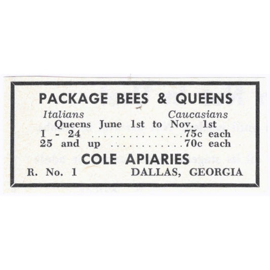 Cole Apiaries Package Bees and Queens Dallas GA 1964 Magazine Ad AB6-S15