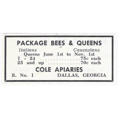 Cole Apiaries Package Bees and Queens Dallas GA 1964 Magazine Ad AK6-S15