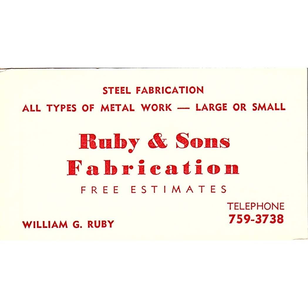 William G Ruby & Sons Fabrication Houston Vintage Business Card SE5-B2