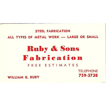 William G Ruby & Sons Fabrication Houston Vintage Business Card SE5-B2