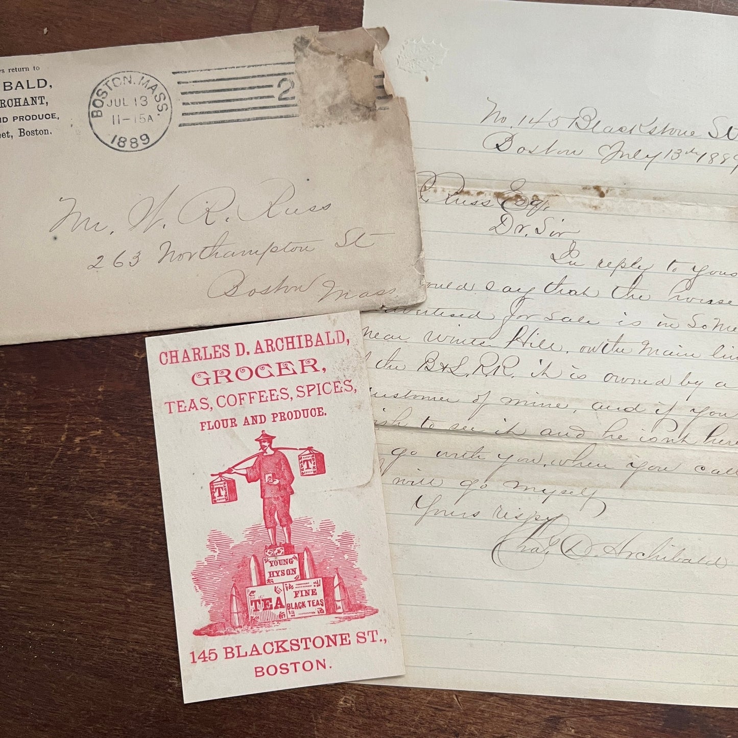 1889 C.D. Archibald Grocer Letter, Envelope & Business Card Boston AF4-1