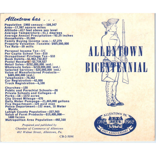 1962 Allentown PA Bicentennial Anniversary Pocket Program Card AE5