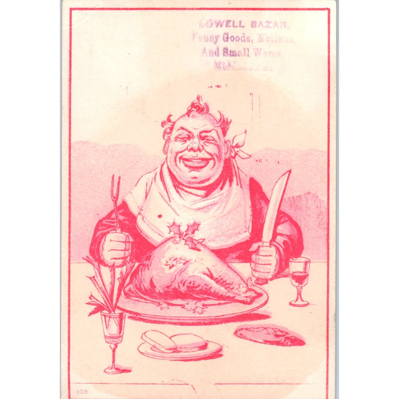 Lowell Bazaar MA Fat Man Eating Turkey Dinner c1880 Victorian Trade Card AE5