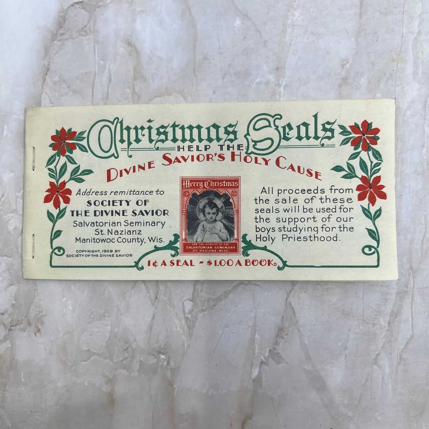 1929 Book of Christmas Seals Society of the Divine Savior St. Nazianz WI TI8-S6