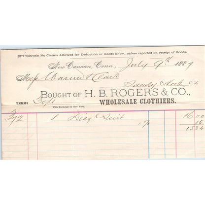 1887 H.B. Rogers & Co Wholesale Grocers New Canaan CT Receipt Letterhead D24