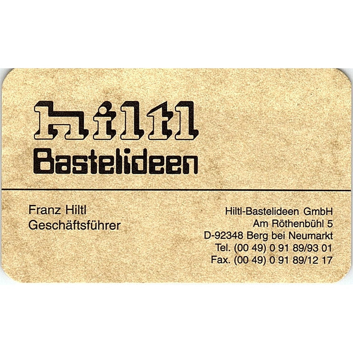 Hiltl Bastelideen Franz Hiltl Neumarkt Germany Vintage Business Card TH2-B1