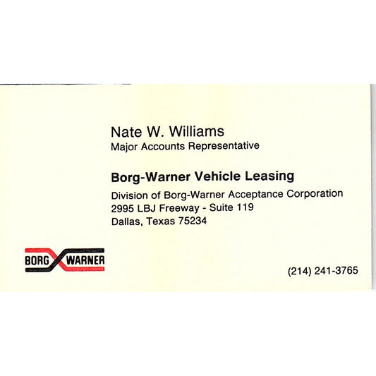 Nate W Williams Borg-Warner Vehicle Leasing Dallas Vintage Business Card SC9-B13