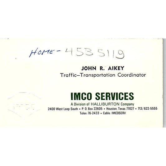 Imco Service John R Aikey Houston Texas Vintage Business Card SB4-B6