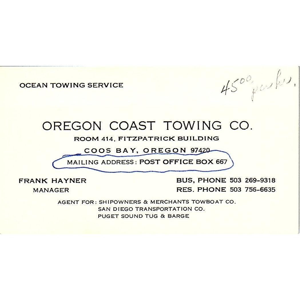 Frank Hayner Oregon Coast Towing Coos Bay OR Vintage Business Card SD9-B7