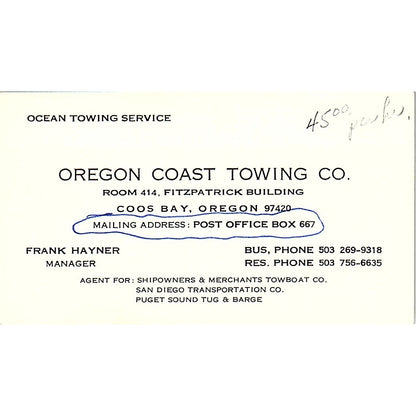 Frank Hayner Oregon Coast Towing Coos Bay OR Vintage Business Card SD9-B7