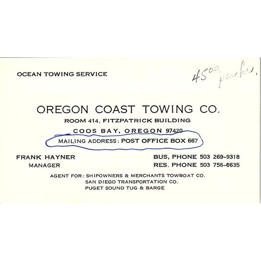 Frank Hayner Oregon Coast Towing Coos Bay OR Vintage Business Card SD9-B7