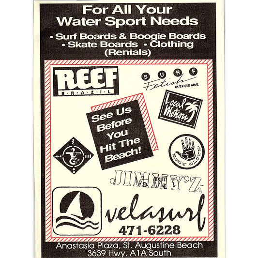 Velasurf Surf Shop Anastasia Plaza St. Augustine FL 1989 Ad AF9-13