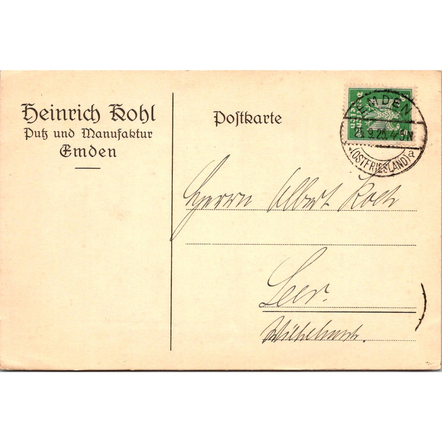 Heinrich Kohl Putz Und Manufaktur Emden Ostfriesland 1925 Reich Postcard P5-12