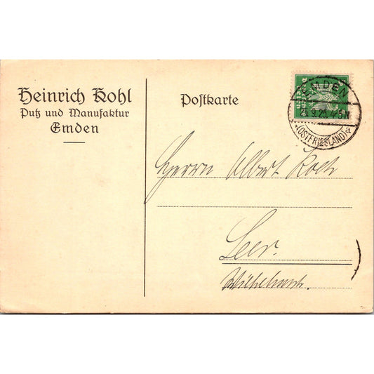Heinrich Kohl Putz Und Manufaktur Emden Ostfriesland 1925 Reich Postcard P5-12
