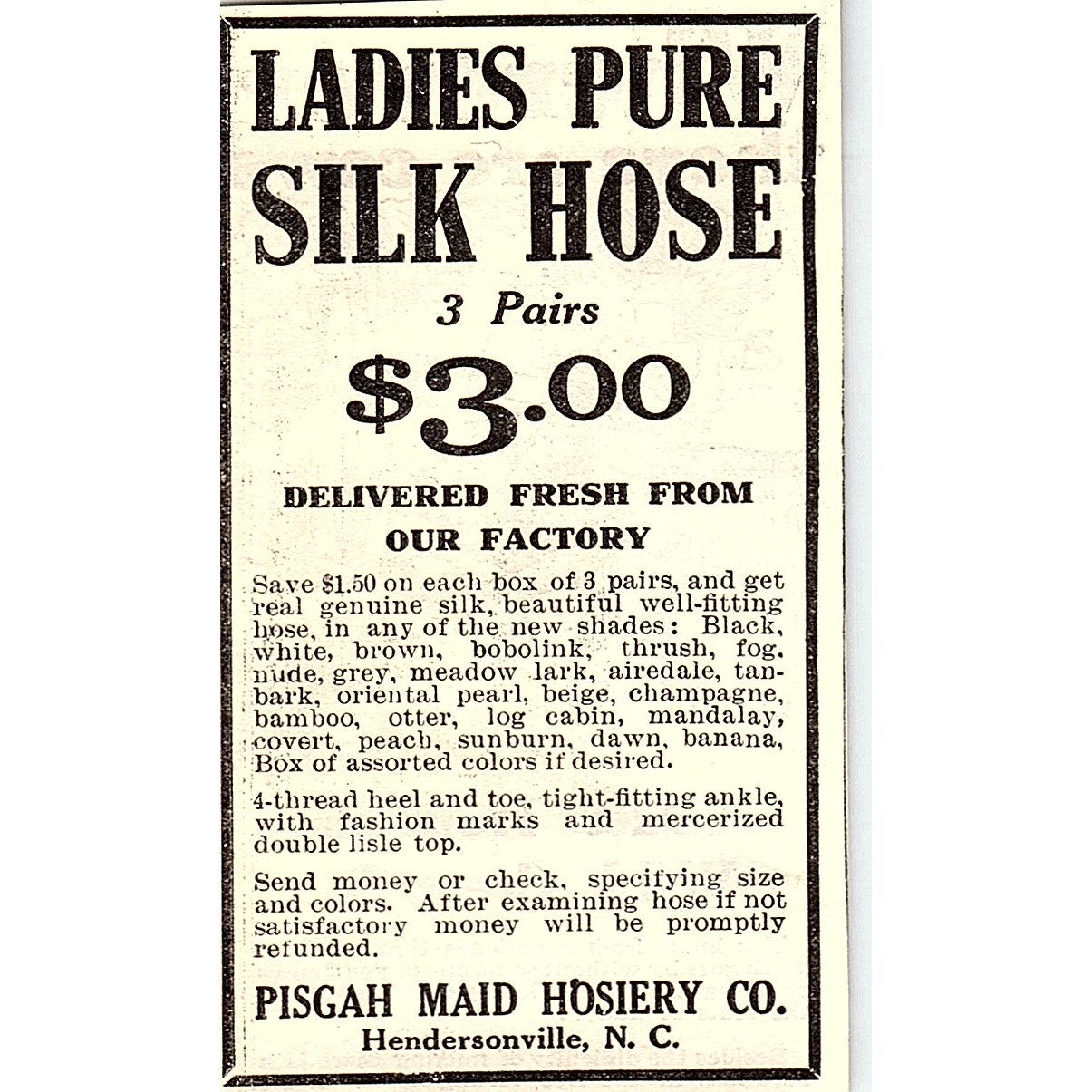 Pisgah Maid Hosiery Co Ladies Silk Hose Hendersonville NC 1924 Ad AG3-M3